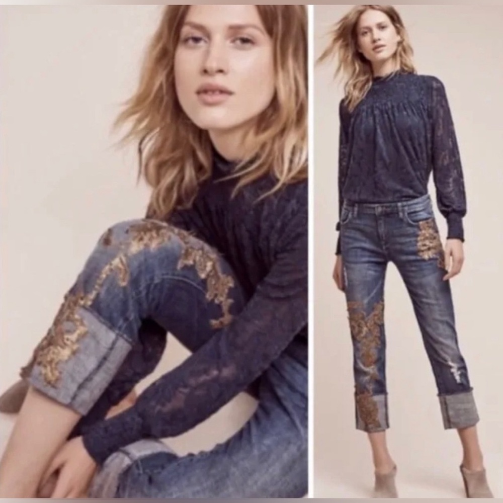 Pilcro Hyphen Gold Sequin Blue Cropped Cuffed Jeans size 30